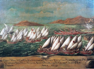 Wojna o Candia (Kreta): flota wenecka podczas kampanii prowadzonej przez dożę Francesco Morosiniego przeciwko Turkom w 1659 r. Obraz szkoły weneckiej. XVII wiek - Wenecja, Muzeum Correr autorstwa Italian School