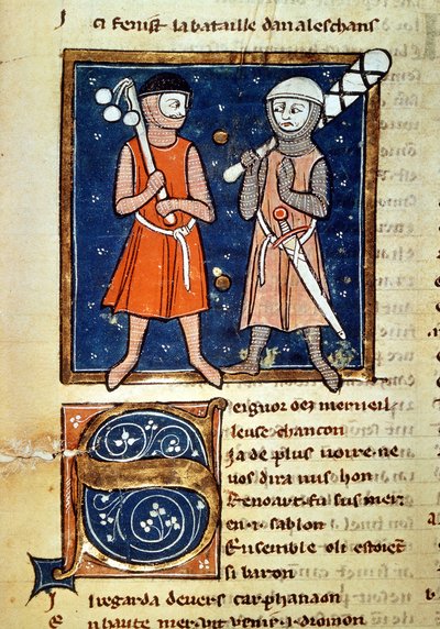 Herby maczug wojowników - w „”Menach Wilhelma”””, rękopis z XIII wieku. biblioteca Trivulziana. Mediolan autorstwa Italian School