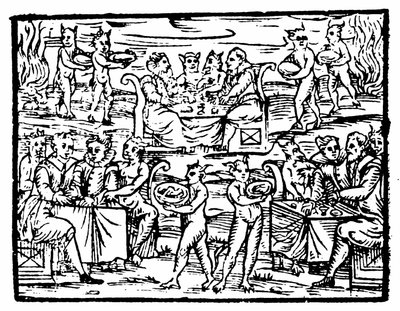 Czarownice i czarownicy ucztujący w szabat, ilustracja z Kompendium Maleficarum autorstwa Francesco Marii Guazzo, 1608 autorstwa Italian School