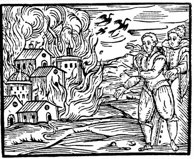 Czarownice niszczące dom przez pożar, Szwabia w 1533, ilustracja z Compendium Maleficarum autorstwa Francesco Marii Guazzo, 1608 autorstwa Italian School