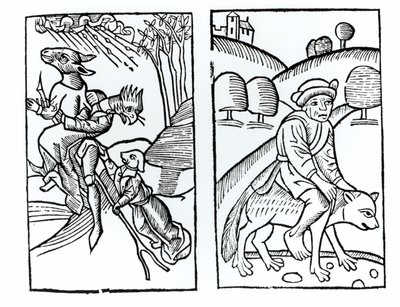 Czarownice przebrane za zwierzęta na miotle (po lewej) i wiedźma na wilku (po prawej), kopie ilustracji z Compendium Maleficarum autorstwa ks. M. Guaccius, Mediolan 1608, wykorzystanych w Historii magii autorstwa Italian School