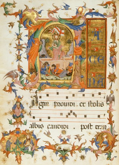 f.80v Zmartwychwstanie, z „Księgi hymnów klasztoru św Zbawiciela”, Siena 1415 (welum) autorstwa Italian School