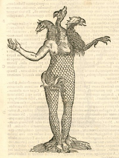 ilustracja przedstawiająca trójgłowego potwora z głową lisa, smoka i orła z Aldrovandis History of Monsters, 1642 autorstwa Italian School