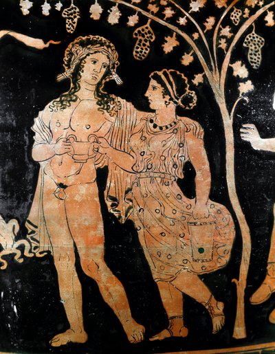 Fragment wazonu z Ruvo w Apulii (Apulia) przedstawia parę młodych małżeństw. W dłoniach trzymają kielich z winem. IV wiek pne. Museo Archeologico Nazionale Neapol autorstwa Italic