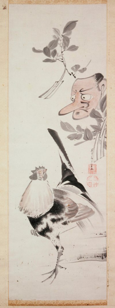 Maska Kogucik i Tengu, ok. 1775 (tusz i jasny kolor na papierze) autorstwa Ito Jakuchu
