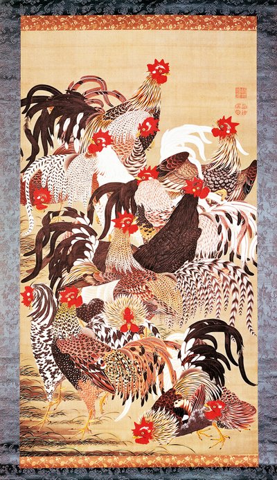 Trzynaście kogutów, z Doshoku Sai-e (Kolorowe królestwo żywych istot) Okres Edo. ok. 1757-66 (kolor na jedwabiu) autorstwa Ito Jakuchu
