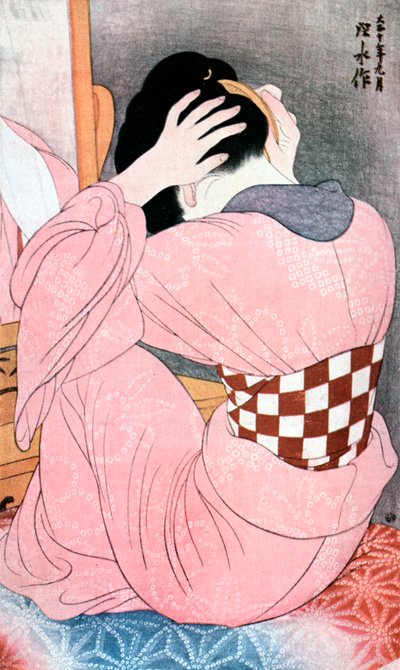 „Dziewczyna ubierająca włosy” lub „Kobieta z podpaską”, c1921. autorstwa Ito Shinsui
