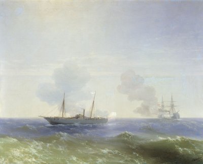 Rosyjski: "Walka parowca Vesta z tureckim pancernikiem Fehti-Bulend na Morzu Czarnym 11 lipca 1877 roku " Walka parowca Vesta z tureckim pancernikiem Fehti-Bulend na Morzu Czarnym 11 lipca 1877 roku autorstwa Ivan Aivazovsky