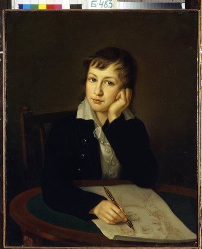 Portret hrabiego Aleksandra Nikołajewicza Mordwinowa (1799-1858). (Portret hrabiego A.N. Mordvinova). Młody nastolatek, przy biurku, trzymając głowę i ołówek mechaniczny, obserwując twarz malarza, którego twarz rysuje. Obraz Iwana Aleksiejewicza autorstwa Ivan Alekseevich Tyurin