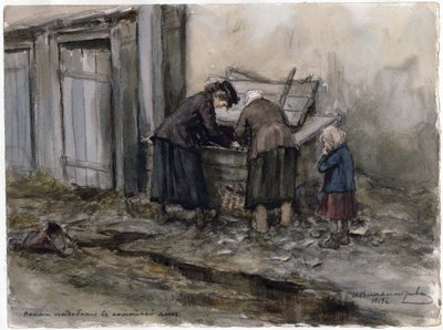 Dwie kobiety i dziecko szukające posiłku w śmietniku - Dwie kobiety i dziecko przeszukujące śmietnik (z serii akwarel Rewolucja rosyjska) - Władimir Iwan Aleksiejewicz (1869-1947) - 1919 - Akwarela na papierze - 25 ,8x34,5 - P autorstwa Ivan Alexeyevich Vladimirov