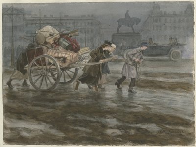 Rodzina przenosząca swój dobytek na wózku z serii akwareli Rewolucja Rosyjska, 1917-1918 autorstwa Ivan Alexeyevich Vladimirov