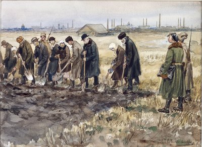 Ciężka praca dla bogatych kupców, szlachty i przestępców w latach rewolucji Władimira Iwana Aleksiejewicza (1869-1947). Akwarela, gwasz na papierze autorstwa Ivan Alexeyevich Vladimirov