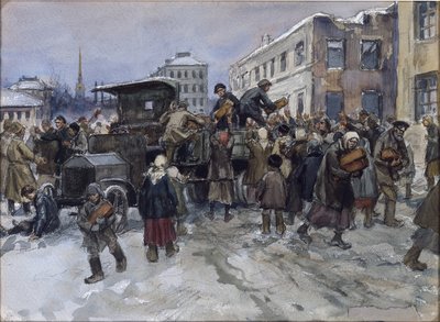 Głodni robotnicy w Piotrogrodzie rabują ciężarówkę wojskową z chlebem Władimira Iwana Aleksiejewicza (1869-1947). Akwarela, gwasz na papierze autorstwa Ivan Alexeyevich Vladimirov