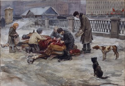 Lata głodu w Piotrogrodzie przez Władimira Iwana Aleksiejewicza (1869-1947). Akwarela, gwasz na papierze autorstwa Ivan Alexeyevich Vladimirov