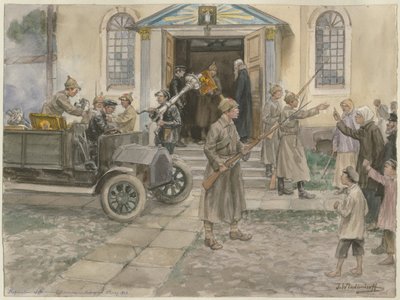 Rekwizycja skarbów kościelnych w Piotrogrodzie 5 maja 1922 z serii akwareli Rosja autorstwa Ivan Alexeyevich Vladimirov