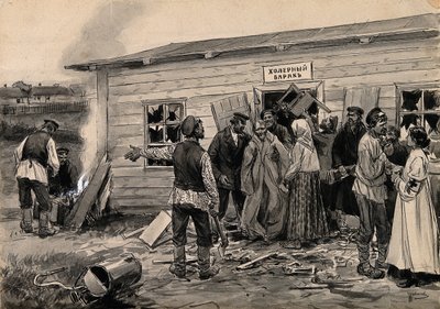 Scena przy baraku cholery z cyklu akwareli Rewolucja rosyjska, ok. 1900 r. 1920 autorstwa Ivan Alexeyevich Vladimirov