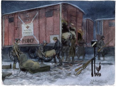 Soldats pillant un wagon de chemin de fer - Żołnierze plądrujący wagon kolejowy (z serii akwarel Rewolucja rosyjska) - Władimir Iwan Aleksiejewicz (1869-1947) - 1922 - Akwarela na papierze - 25,8x34,1 - Kolekcja prywatna autorstwa Ivan Alexeyevich Vladimirov