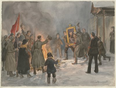 Żołnierze palący obrazy z serii akwareli Rewolucja rosyjska, 1917 autorstwa Ivan Alexeyevich Vladimirov