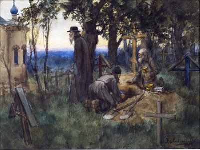 Duchowni ukrywający skarby kościelne w nowym grobie na cmentarzu Władimira Iwana Aleksiejewicza (1869-1947). Akwarela, gwasz na papierze autorstwa Ivan Alexeyevich Vladimirov