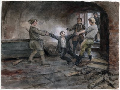 Un detenu emmene pour etre execute - Człowiek zatrzymany i stracony (z serii akwarel Rewolucja rosyjska) - Władimir Iwan Aleksiejewicz (1869-1947) - 1919 - Akwarela na papierze - 25,7x34,5 - Kolekcja prywatna autorstwa Ivan Alexeyevich Vladimirov