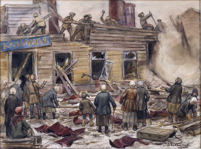 Robotnicy burzący drewniane domy na opał przez Władimira Iwana Aleksiejewicza (1869-1947). Akwarela, gwasz na papierze autorstwa Ivan Alexeyevich Vladimirov