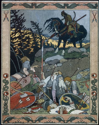 Ilustracja do bajki Maria des mers (Ilustracja do bajki Marya Morevna). Książę Iwan odkrywa armię pokonaną przez królową wojowników Marię Morevnę. Praca Ivana Yakovlevicha Bilibin (Bilibin) (1876-1942), akwarela i tusz na papierze autorstwa Ivan Yakovlevich Bilibin