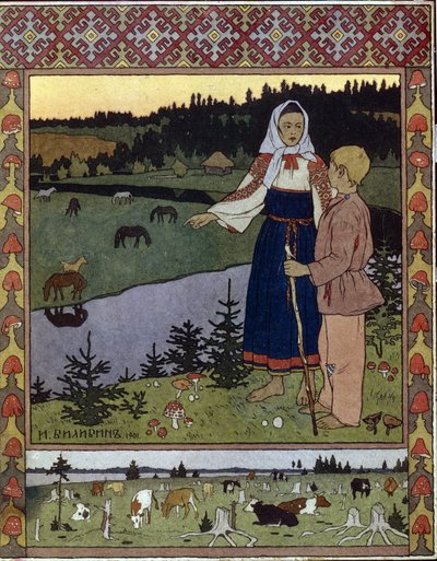 Ilustracja do tradycyjnej bajki Alyonouchka i Ivanouchka. Praca Iwana Jakowlewicza Bilibin (Bilibin) (1876-1942), litografia autorstwa Ivan Yakovlevich Bilibin