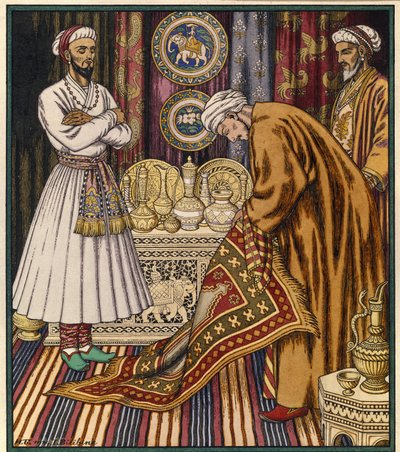 Książę Ali kupuje magiczny dywan. Ilustracja do arabskiej opowieści. (Książę Ali kupuje dywan). Obraz Iwana Jakuba Bilibina (Bilibin) (1876-1942). Akwarela na papierze. Sankt Petersburg, Państwowe Muzeum Rosyjskie. autorstwa Ivan Yakovlevich Bilibin