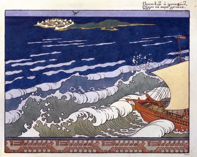 Łódź kieruje się na wyspę, prowadzona przez lot trzmiela. Ilustracja do „Opowieści o carze Saltanie” Aleksandra Puszkina (1799-1937). Praca Ivana Yakovlevicha Bilibin (Bilibin) (1876-1942), akwarela i gwasz na papierze autorstwa Ivan Yakovlevich Bilibin