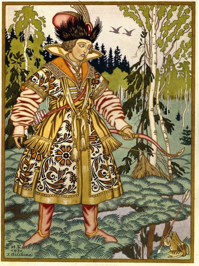 Książę Iwan i Księżniczka Żaby. (Iwan Carewicz i Żaba Księżniczka). Rosyjska tradycyjna opowieść. Praca Ivana Yakovlevicha Bilibin (Bilibin) (1876-1942), akwarela i gwasz na papierze autorstwa Ivan Yakovlevich Bilibin