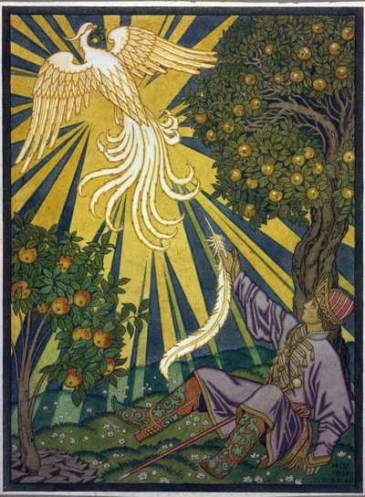 Książę chwyta pióro ognistego ptaka. Ilustracja do bajki „Iwan Carewicz, Ognisty Ptak i Szary Wilk”. Praca Ivana Yakovlevicha Bilibin (Bilibin) (1876-1942), akwarela i gwasz na papierze. Sztuka rosyjska, wiek XX, symbolika. autorstwa Ivan Yakovlevich Bilibin