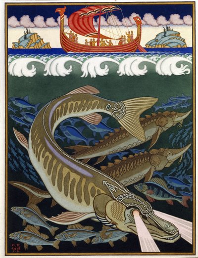 Imperium morza (Imperium Morskie). Rosyjska tradycyjna opowieść. Praca Ivana Yakovlevicha Bilibin (Bilibin) (1876-1942), akwarela i gwasz na papierze autorstwa Ivan Yakovlevich Bilibin