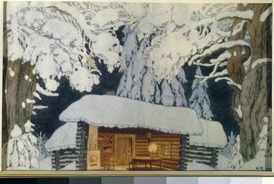 Drewniany dom w zaśnieżonym lesie. Sceneria do spektaklu „Dowódca Suworow”. Praca Ivana Yakovlevicha Bilibin (Bilibin) (1876-1942), akwarela i gwasz na papierze autorstwa Ivan Yakovlevich Bilibin