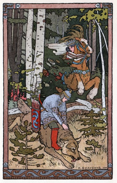 Carewicz Iwan, Ognisty Ptak i Szary Wilk, c.1899 (litografia) autorstwa Ivan Yakovlevich Bilibin