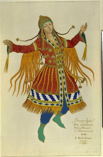 Połowski (lub Couman, Kuman) tancerz szamański. Kostium do opery „Książę Igor” Aleksandra Borodina (Borodina) (1833-1887). Praca Ivana Yakovlevicha Bilibin (Bilibin) (1876-1942), akwarela na papierze autorstwa Ivan Yakovlevich Bilibin