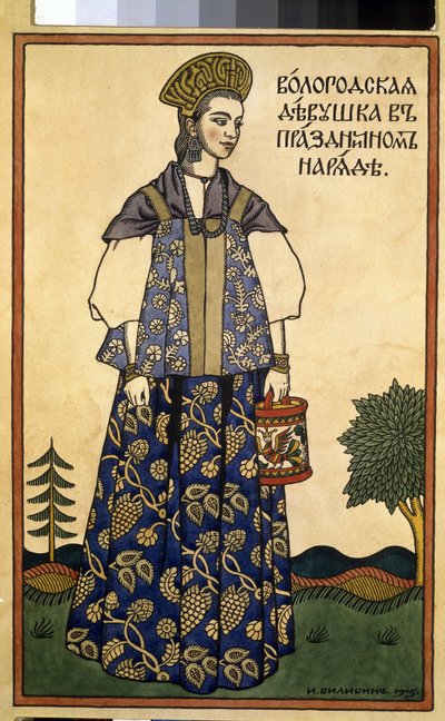 Młoda dama z Wołogdy w odświętnej sukience. (Dziewczyna z Wołody w odświętnym stroju). Ubrana w kokochnik, wysokie nakrycie głowy i sarafane, prostą sukienkę bez rękawów, z regionu na północ od Moskwy. Praca Iwana Jakowlewicza Bilibina (Bilibin) (1876-1942 autorstwa Ivan Yakovlevich Bilibin
