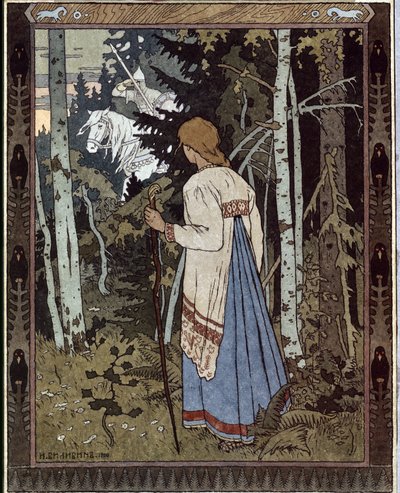 Vassilissa Najpiękniejsza i Biały Jeździec. (Wasylisa Piękna i Biały Jeździec). (Tradycyjna rosyjska opowieść). Praca Iwana Jakowlewicza Bilibin (Bilibin) (1876-1942), litografia autorstwa Ivan Yakovlevich Bilibin