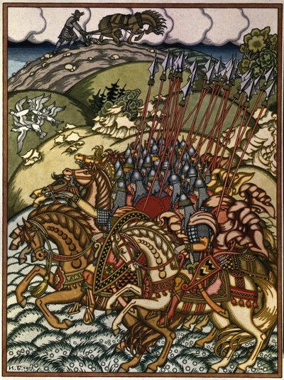 Wołga Światosławicz (Wsiesław de Połock (wers 1039-1101), wielki książę kijowski de 1068 a 1069) i Mikula Selyaninovich (?). Oeuvre de Ivan Yakovlevich Bilibin (Bilibine) (1876-1942), litografia autorstwa Ivan Yakovlevich Bilibin