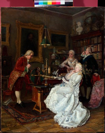 Cesarzowa Katarzyna II z Rosji (1729-1796) z wizytą u Michaiła Łomonosowa (1711-1765) (Cesarzowa Katarzyna z wizytą u M. Łomonosowa) Obraz Iwana Fiodorowa (Fiodorowa) (1853-1894) autorstwa Ivan Feodorov