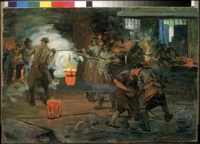 „Robotnicy w warsztacie odlewniczym” Obraz Iwana Georgiewicza Drozdowa (1880-1939) 1923 Państwowe Muzeum Rosyjskie Sankt Petersburg autorstwa Ivan Georgievich Drozdov