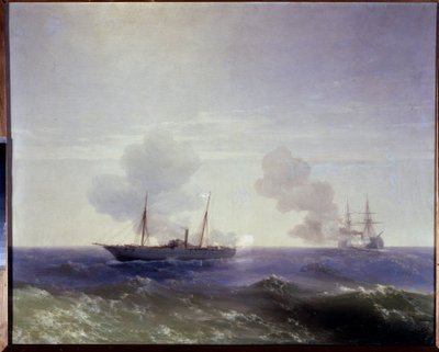 Wojna rosyjsko-turecka (rosyjsko-turecka) w latach 1877-1878: Bitwa morska między rosyjskim krążownikiem Vesta a pancernikiem Fethi Bulend na Morzu Czarnym, 11 lipca 1877 r. (Bitwa morska między rosyjskim krążownikiem Vesta i pancernikiem Fethi Bulend zrob autorstwa Ivan Konstantinovich Aivazovsky