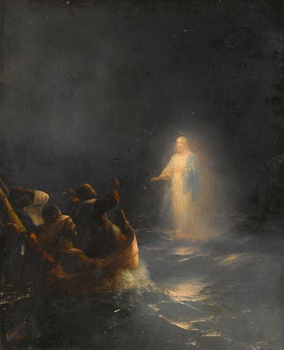 Jezus chodzi po wodzie - Jezus chodzi po wodzie, autorstwa Aiwazowskiego, Iwana Konstantinowicza (1817-1900). olej na płótnie autorstwa Ivan Konstantinovich Aivazovsky