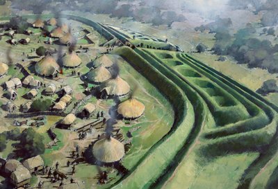 Widok z lotu ptaka na wejście do fortu Old Oswestry Hill w epoce żelaza, c1970-2010 autorstwa Ivan Lapper