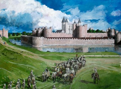 Zrekonstruowany widok Tower of London, przedstawiający ukończony przez króla Edwarda I zewnętrzny mur kurtynowy w 1300 r. autorstwa Ivan Lapper
