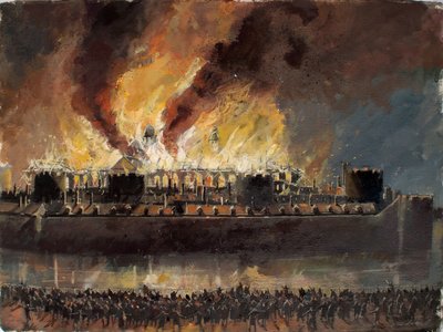 Zrekonstruowany widok Tower of London z płonącym Wielkim Magazynem w 1841 r. autorstwa Ivan Lapper