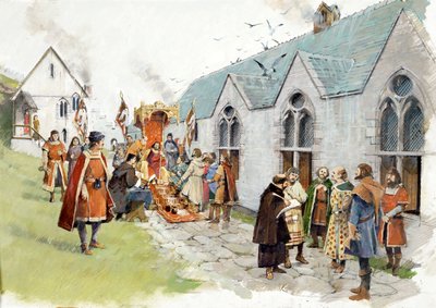 Dziedziniec na wyspie zamku hrabiego Ryszarda w Tintagel w XIII wieku (akwarela na papierze) autorstwa Ivan Lapper