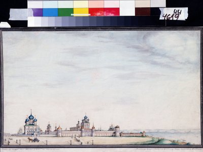 Widok na Rostów, Kreml. (Widok na Kreml Rostowski). Obraz Iwana Michajłowicza Biełogonowa (1800-1871). Akwarela i tusz na papierze autorstwa Ivan Mikhaylovich Belogonov
