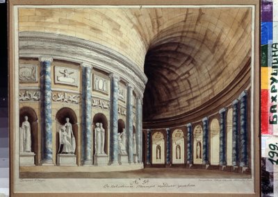 Szkic do kurtyny Teatru Empror na Pawłowsku (Sankt Petersburg). Widok korytarza z kolumnami rdzenia i zabytkowymi posągami. Dzieło Iwana Nikołajewicza Iwanowa (1796-1854), akwa autorstwa Ivan Nikolayevich Ivanov