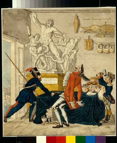 Napoleon Bonaparte (1769-1821) sprzedaje skradzione towary, w tym grupę Laokoona - Karykatura Iwana Iwanowicza Terebeniewa (1780-1815), tusz i akwarela na papierze autorstwa Ivan Nikolayevich Terebenev