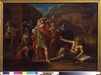 Aleksander Wielki (Aleksander III z Macedonii, 356-323 pne) odwiedza Diogenesa (Diogenesa z Synopy lub Cynika, około 413-około 327 pne) w Koryncie (Grecja) autorstwa Ivan Philippovich Tupylev